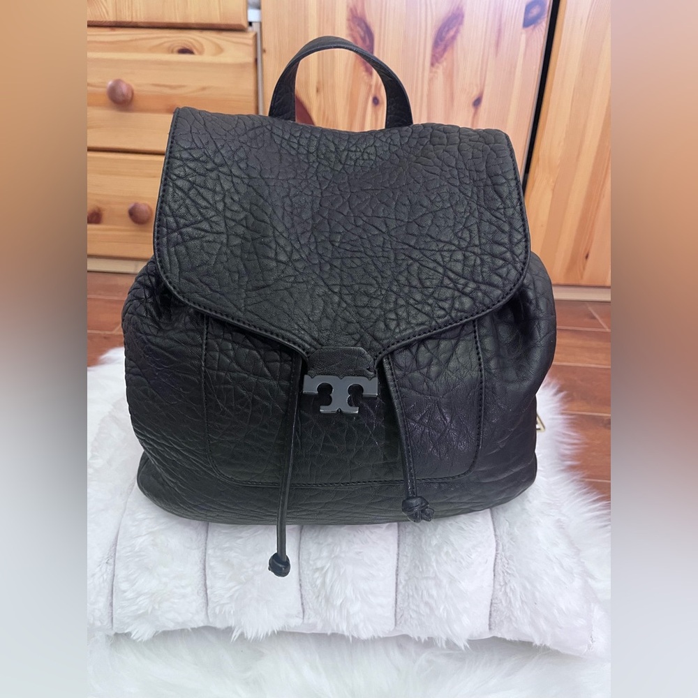 Tory Burch Black Pebbled Leather Backpack